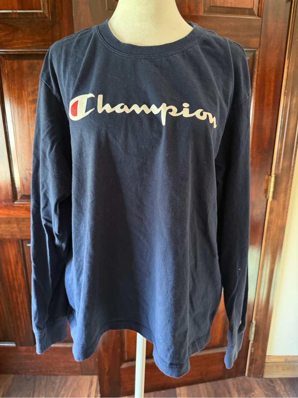Champion Navy Long Sleeve Shirt with White Script Logo